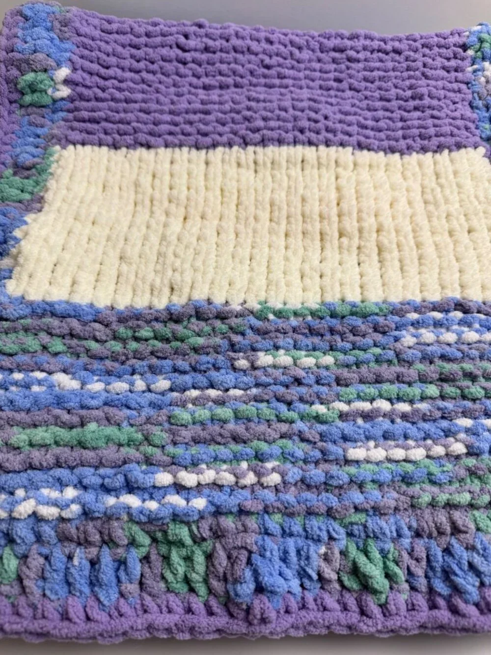 Handmade Chenille Lap Throw Purple White Blue Baby Blanket Patchwork So Soft
